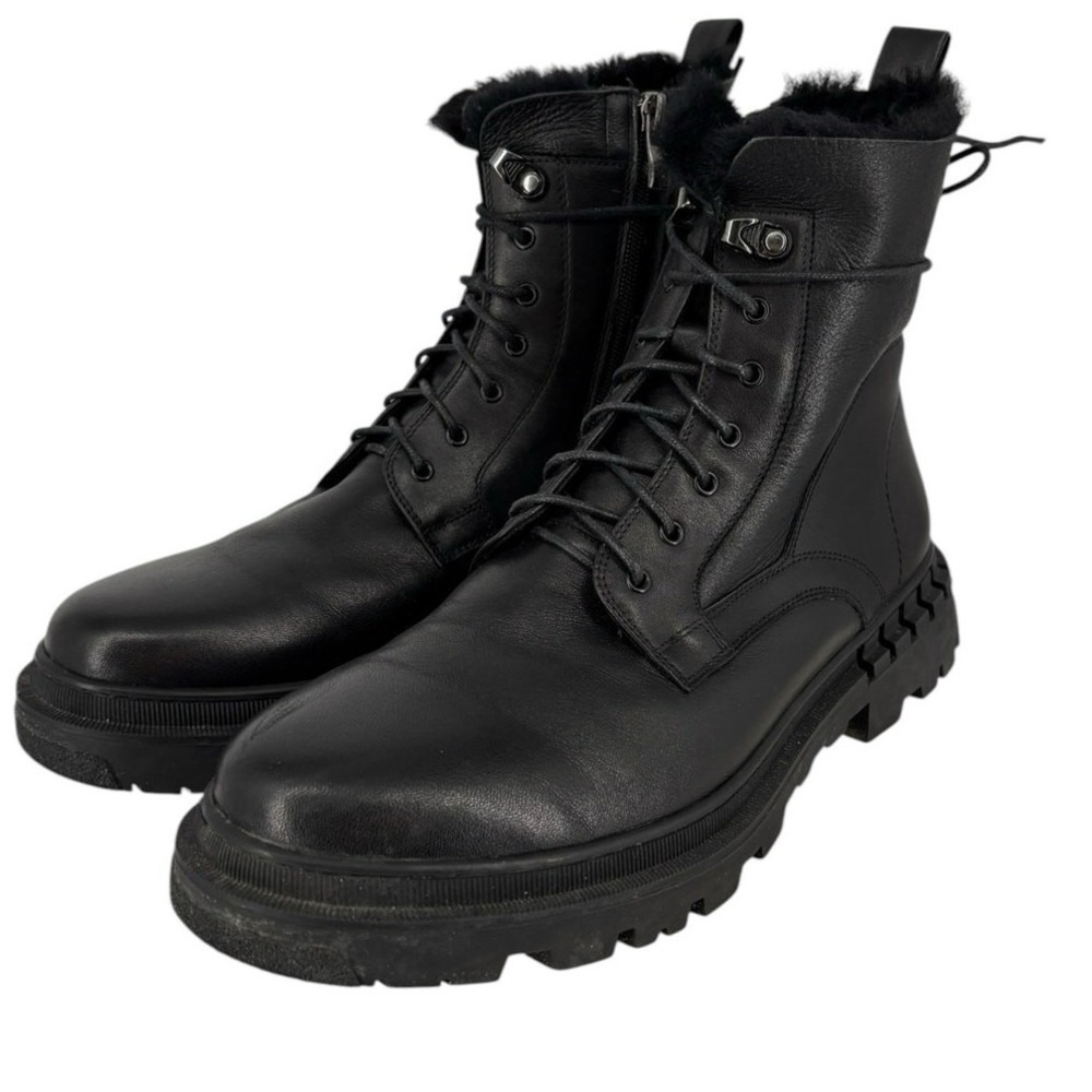 Steve Madden Eisen Black Leather Boots Mens Size 8 Combat Fur Lined Flaw